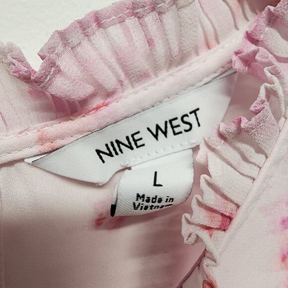 Nine West Pleated Ruffle Sleeve Blouse Size L Pink Chiffon Wearable Art Career - Picture 10 of 15